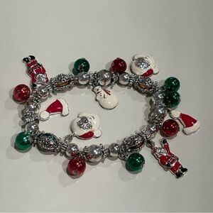 Christmas Charm Stretch Bracelet Santa Snowman Silver‎ Tone Red Green Holidays